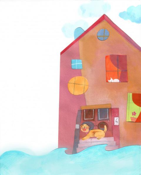 a colorful house with a cat and a dog and a river flowing in front