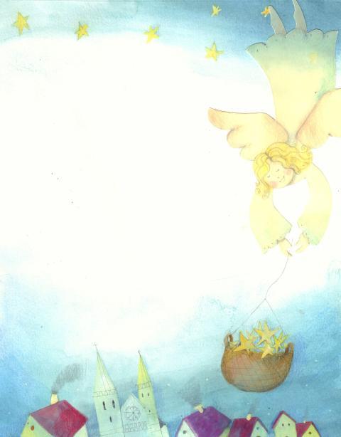 angel descending above the city with a basket full of stars