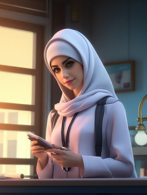 Photo woman doctor with white coat, wearing hijab and hold stethoscope and note book