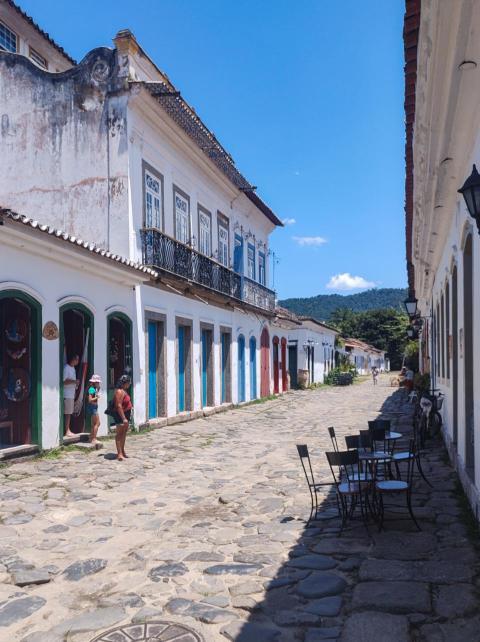 Paraty, Rio de Janeiro, Brazil, February 6, 2025, view of the facade of an old colonial house in the central square.