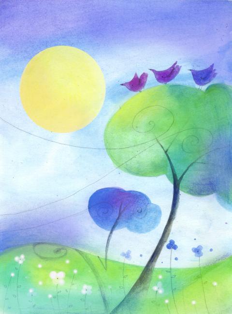 spring sunny landscape with trees, meadow and birds