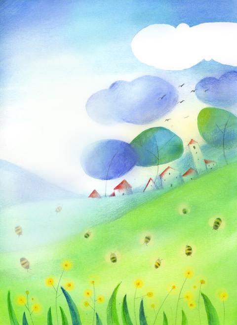 sunny spring landscape with bees, trees and village