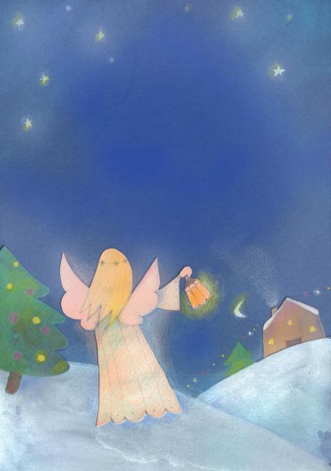 angel approaching a village in a starry winter night