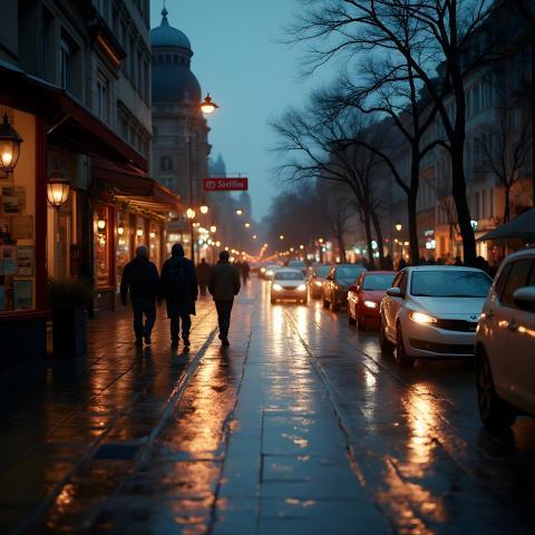 Bustling City Street at Dusk