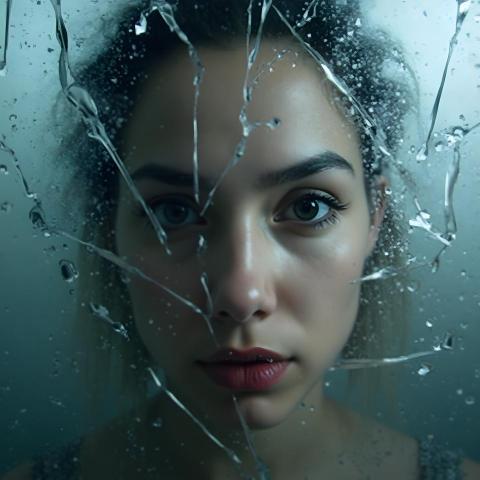 Through the Fractures: Woman Behind Broken Glass and Splashes with a Somber Gaze