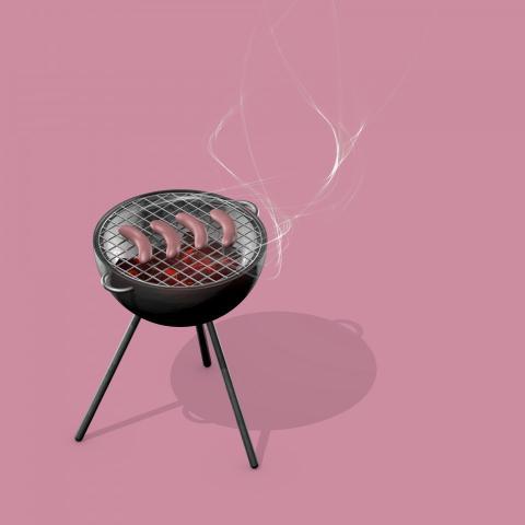Grill with smoke on a pink background with four sausages. 3D illustration, 3D rendering