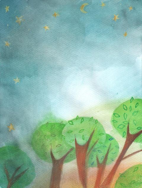 starry night above green leafy trees