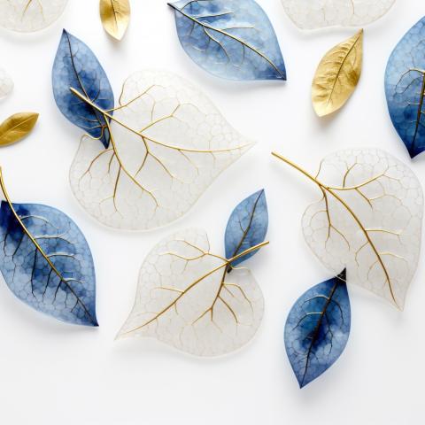 Golden and blue tree leaves on white background 3